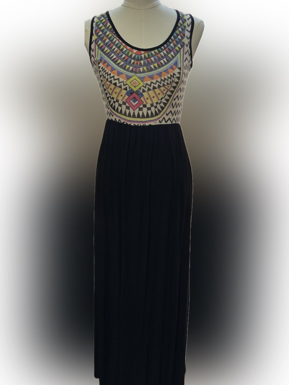 Vanilla Bay Black Maxi Dress with Multicolor Geometric Bodice